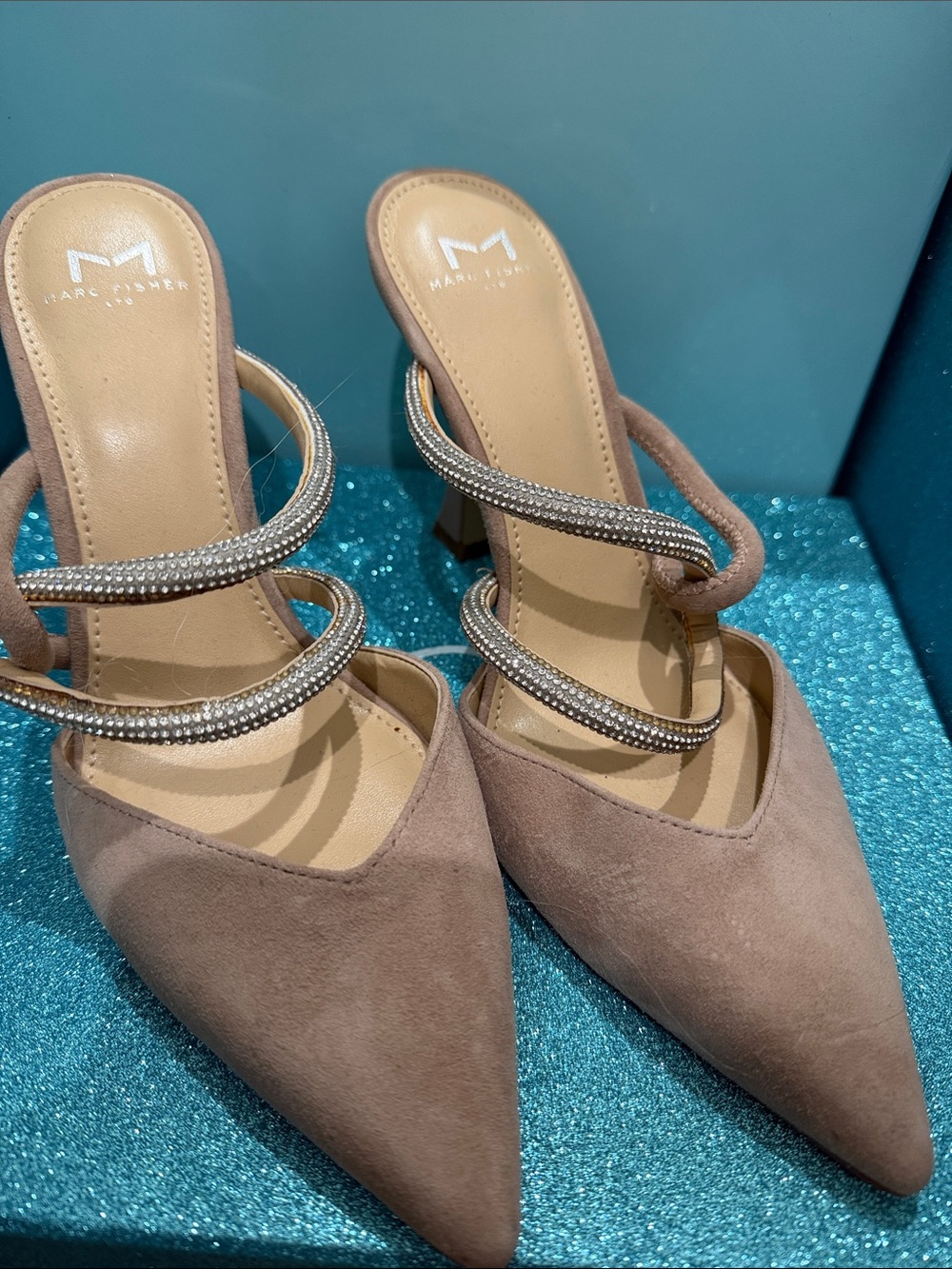 Marc Fisher Taupe Suede Pointed-Toe Mules with Rhinestone Spiral Straps